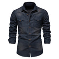Men's slim fit long sleeve cotton denim shirt in solid colour on hanger