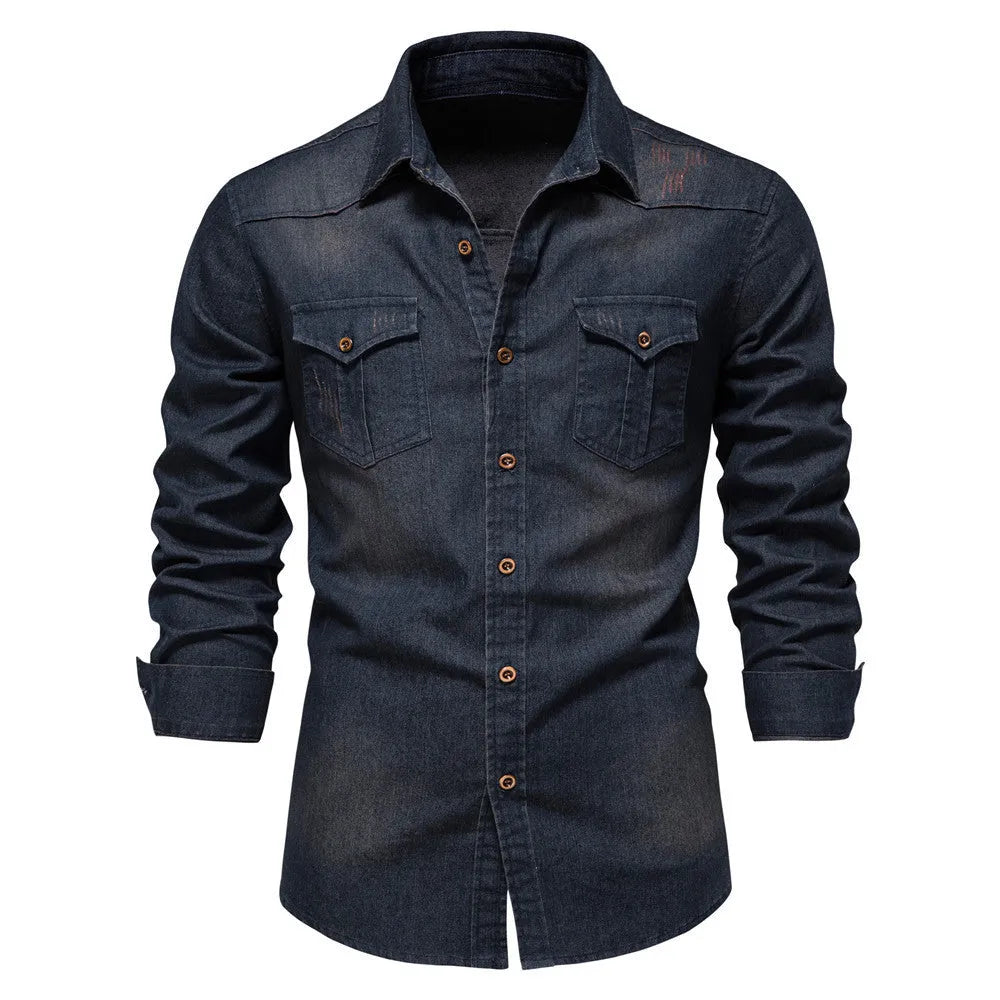 Men's slim fit long sleeve cotton denim shirt in solid colour on hanger