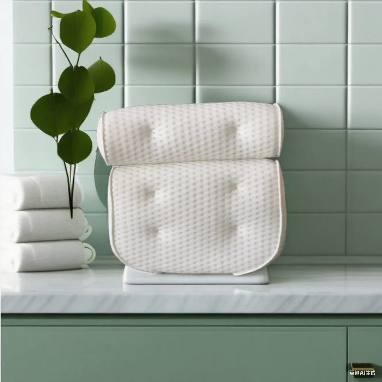 White bathtub pillow with mesh design and suction cups on underside