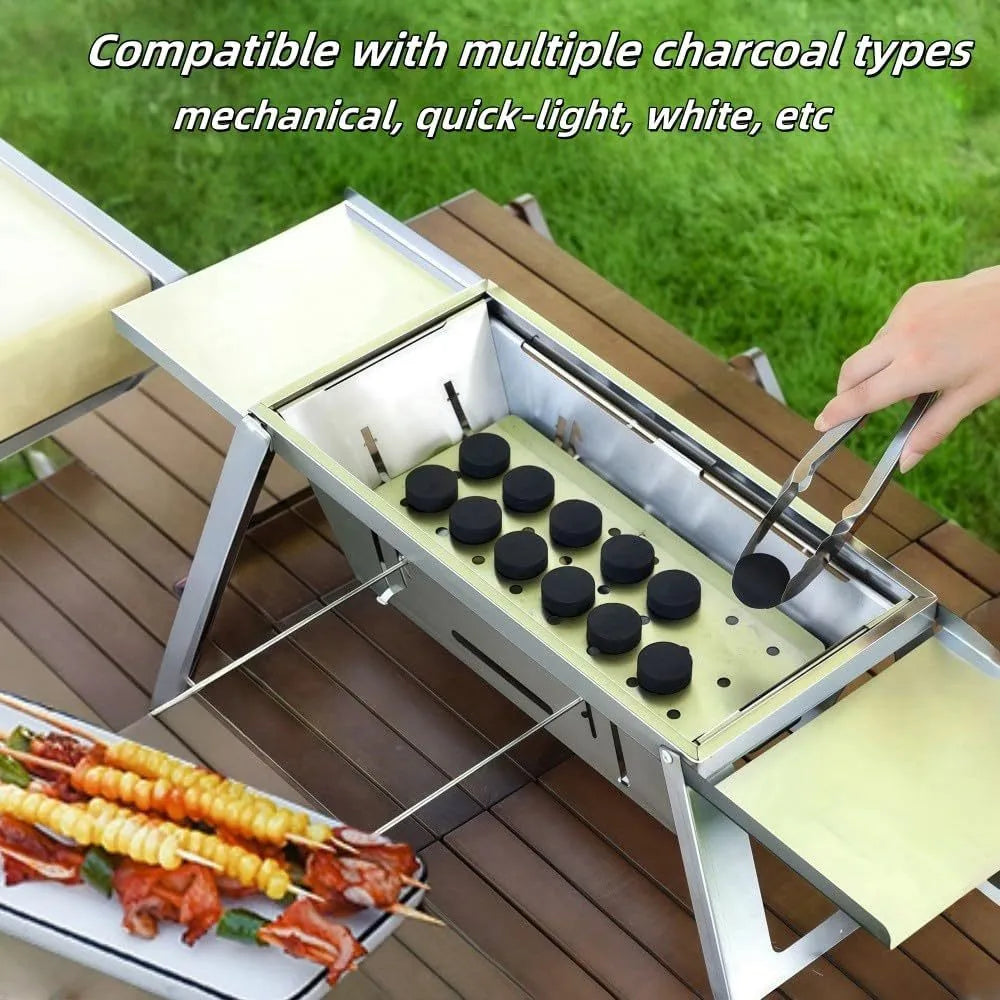 Small foldable steel charcoal grill for portable outdoor barbecues.