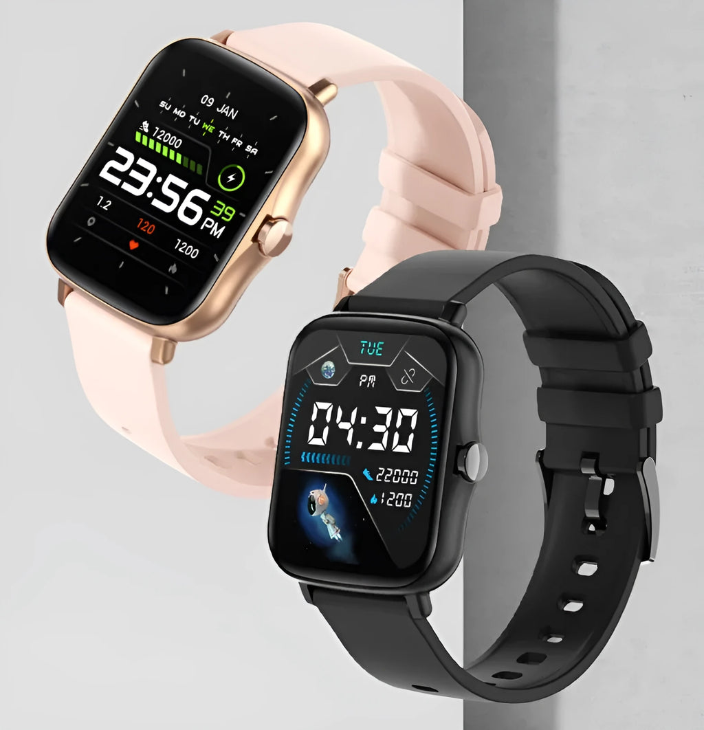 Smart watch with 1.7-inch colour touch screen on adjustable strap, shown in black, blue, or gold.