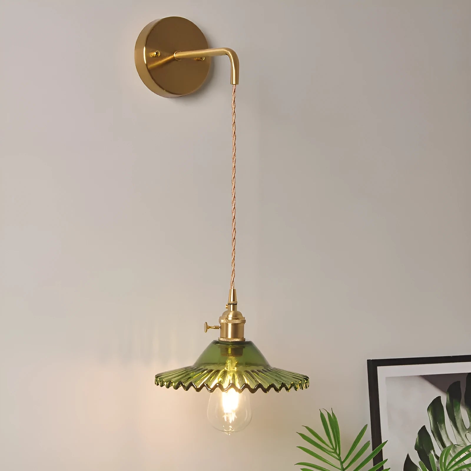 Retro brass copper wall lamp with a transparent glass lotus shade in a choice of six colours.
