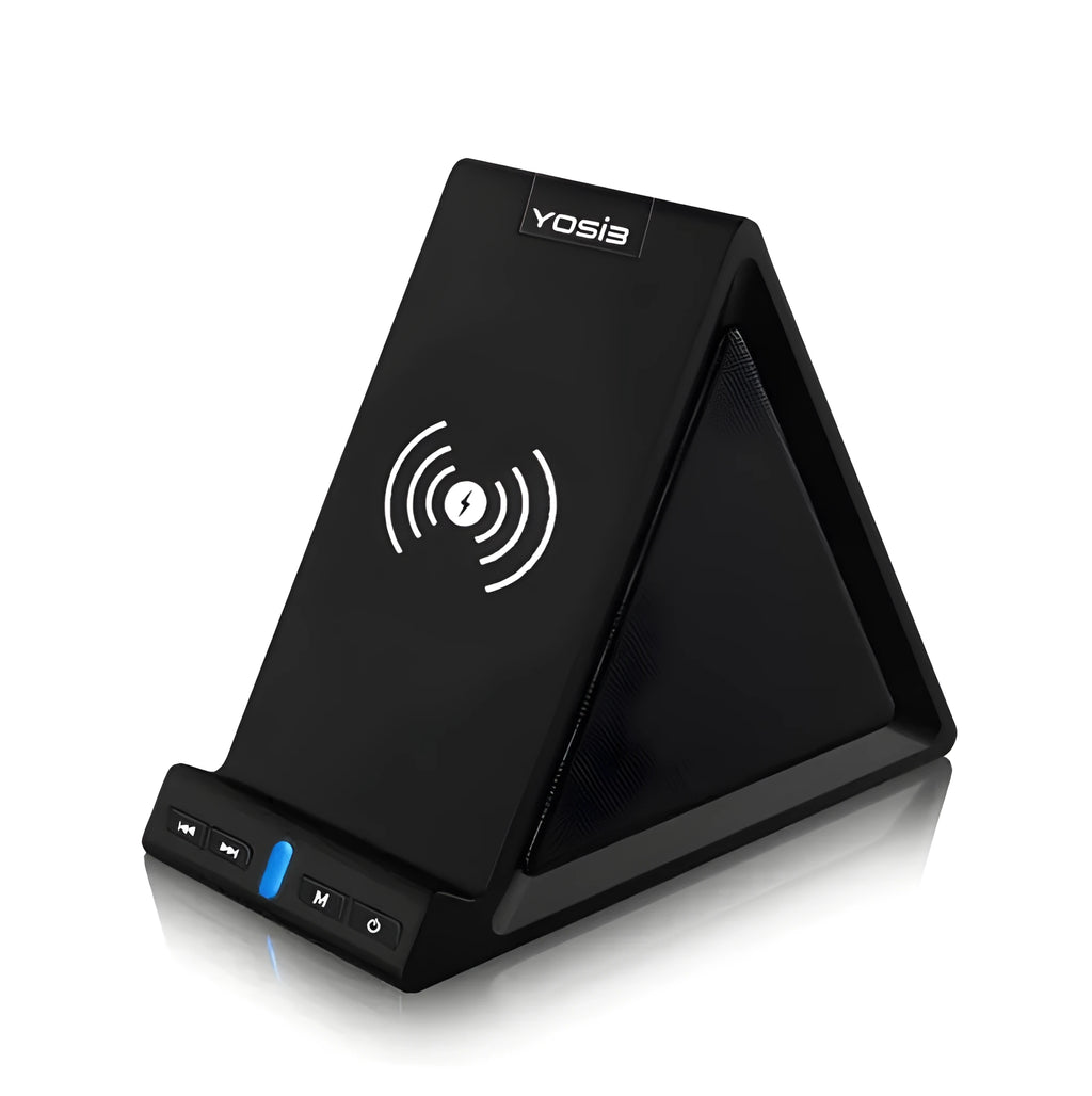 Black multifunctional Bluetooth speaker and power bank unit with integrated mobile phone stand.