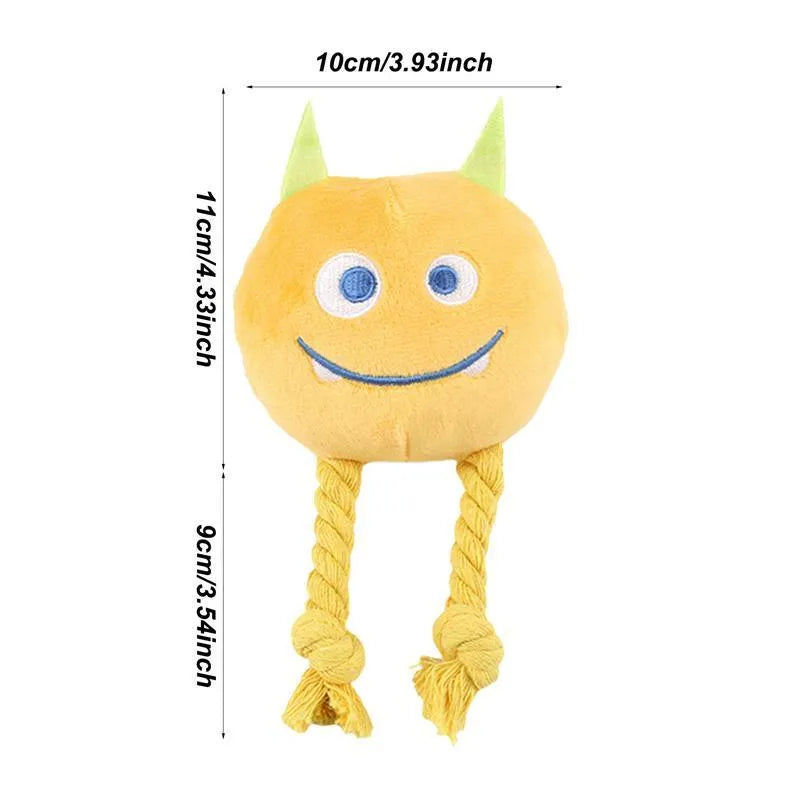 Blue and yellow cartoon-style dog squeaky toys with knot design cotton rope construction