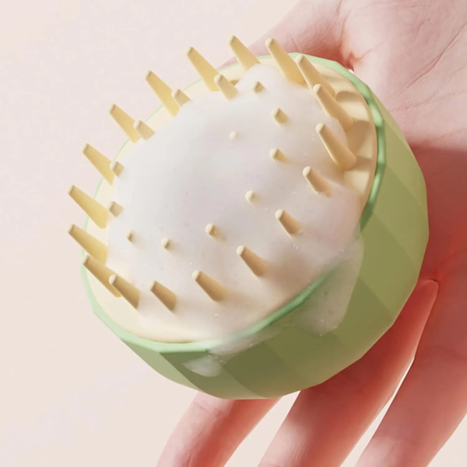 Double-sided dog bath massage brush with drain holes for pet grooming and shampoo application