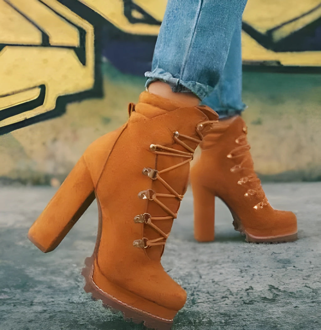 Women's suede high heel combat boots in army green with thick heel and buckle details
