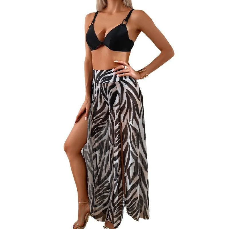 Women's polyester bikini three-piece swimsuit set with printing pattern