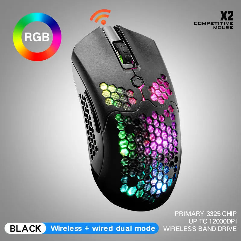 Free Wolf X2 wireless RGB gaming mouse in five colour options on a desk.