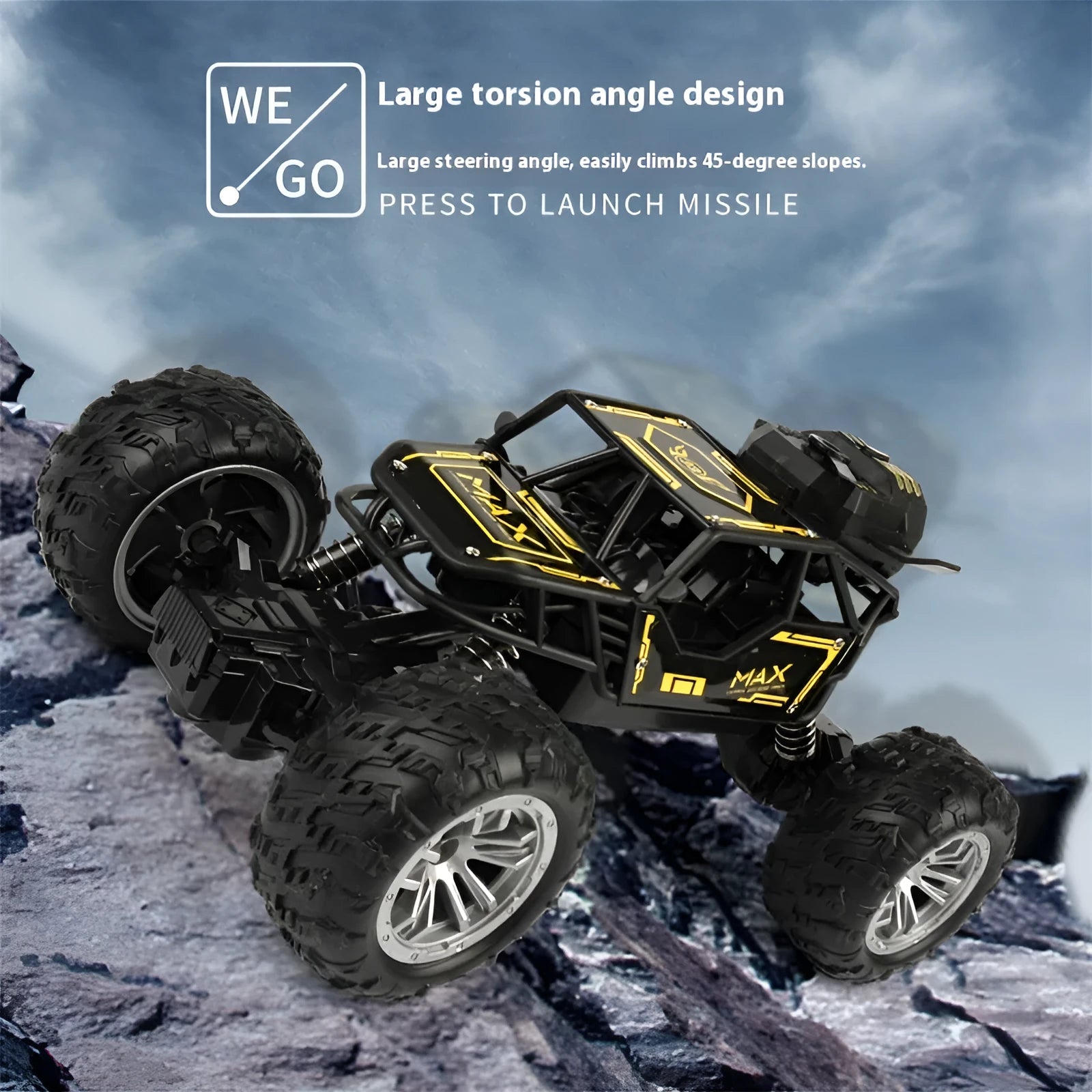 Children's four-way remote control alloy off-road climbing car in camouflage yellow on a grassy outdoor track