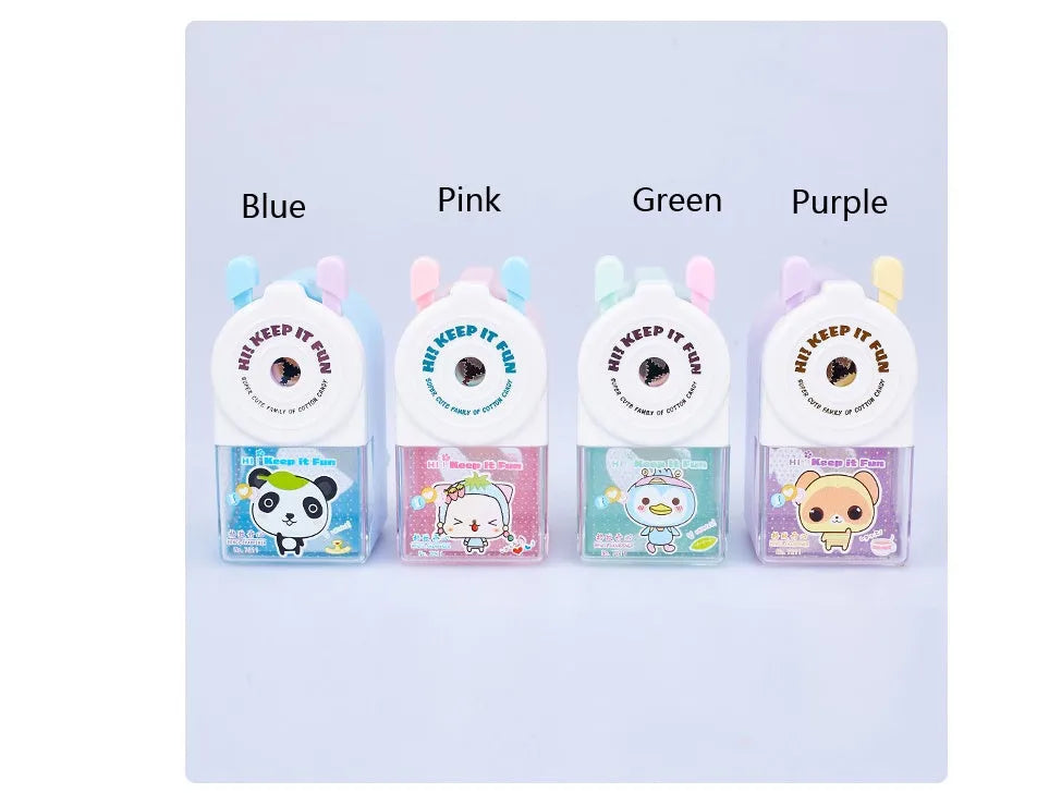 Cartoon cute pet geometric plastic manual pencil sharpener in blue, green, pink, or purple colour options.