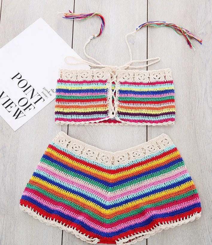 Women's handmade red colour striped bikini swimsuit with mercerised cotton blend, front view