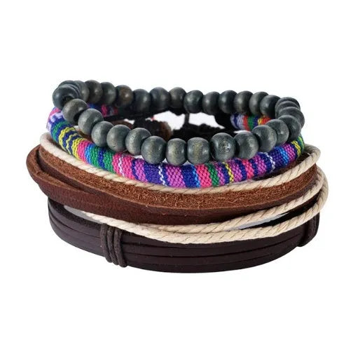 Hand-woven adjustable leather bracelet with wooden beads on a multilayer wrap design.
