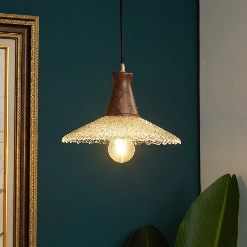 Retro-style wooden body and glass shade brass chandelier ceiling lamp