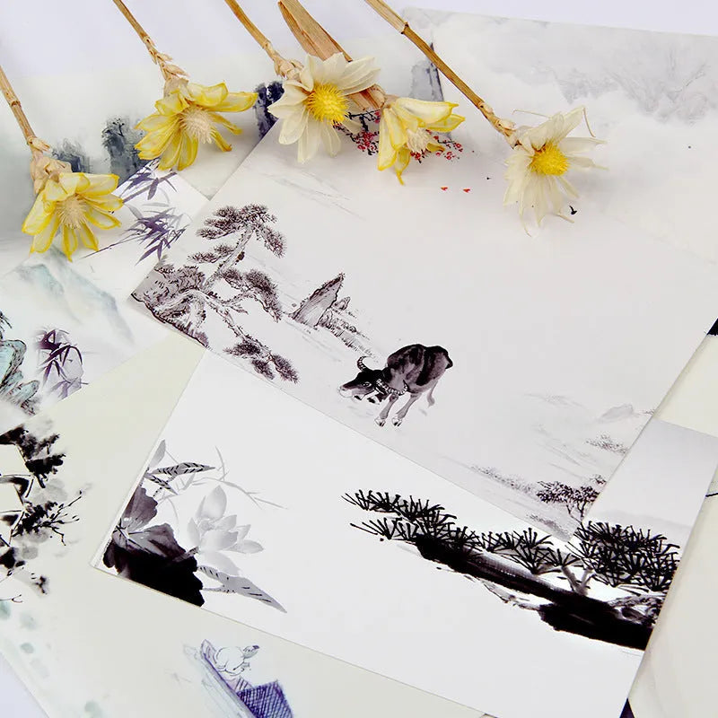 Pack of nine Japanese-style minimalist cartoon postcards with Paris and historic site designs.