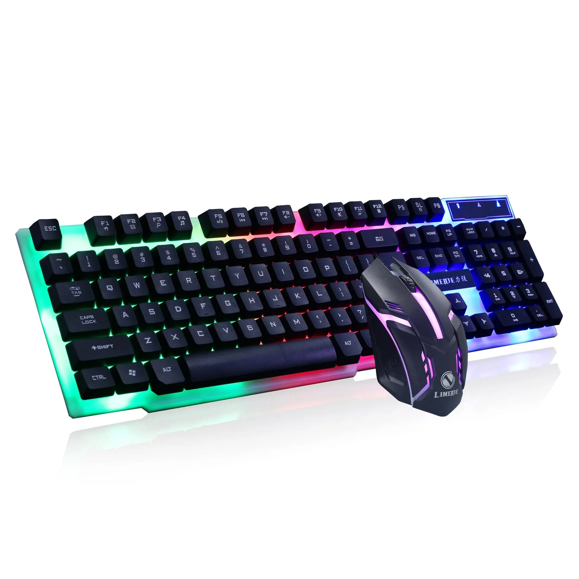 Limei GTX300 white and black gaming keyboard and mouse set with RGB backlight on a desk.