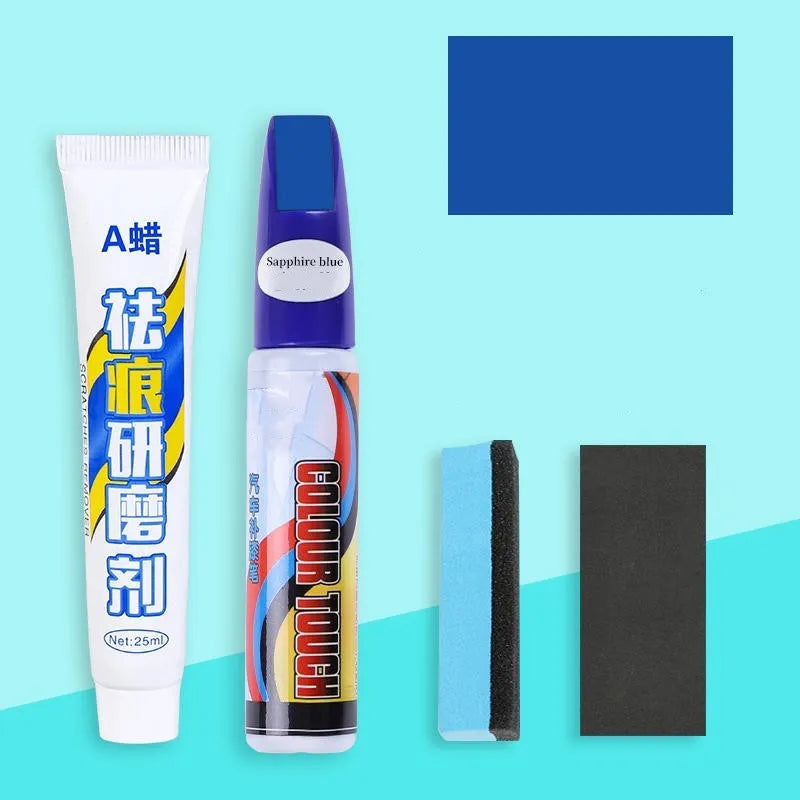 Automotive paint repair pen kit with touch-up fluid, wax, sponge, and sandpaper for car scratch repair.