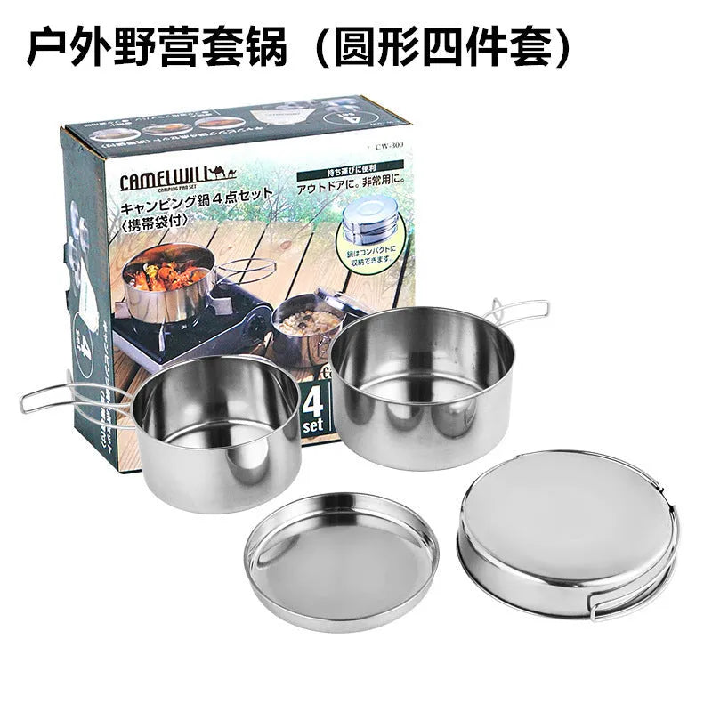 Silver stainless steel camping pot set with round design for outdoor cooking