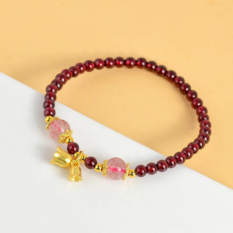 Women's Chinese-style gourd bracelet with imitation garnet beads and electroplated finish