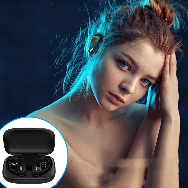 Black wireless Bluetooth headset with over-ear design and a small LED digital display on the side.