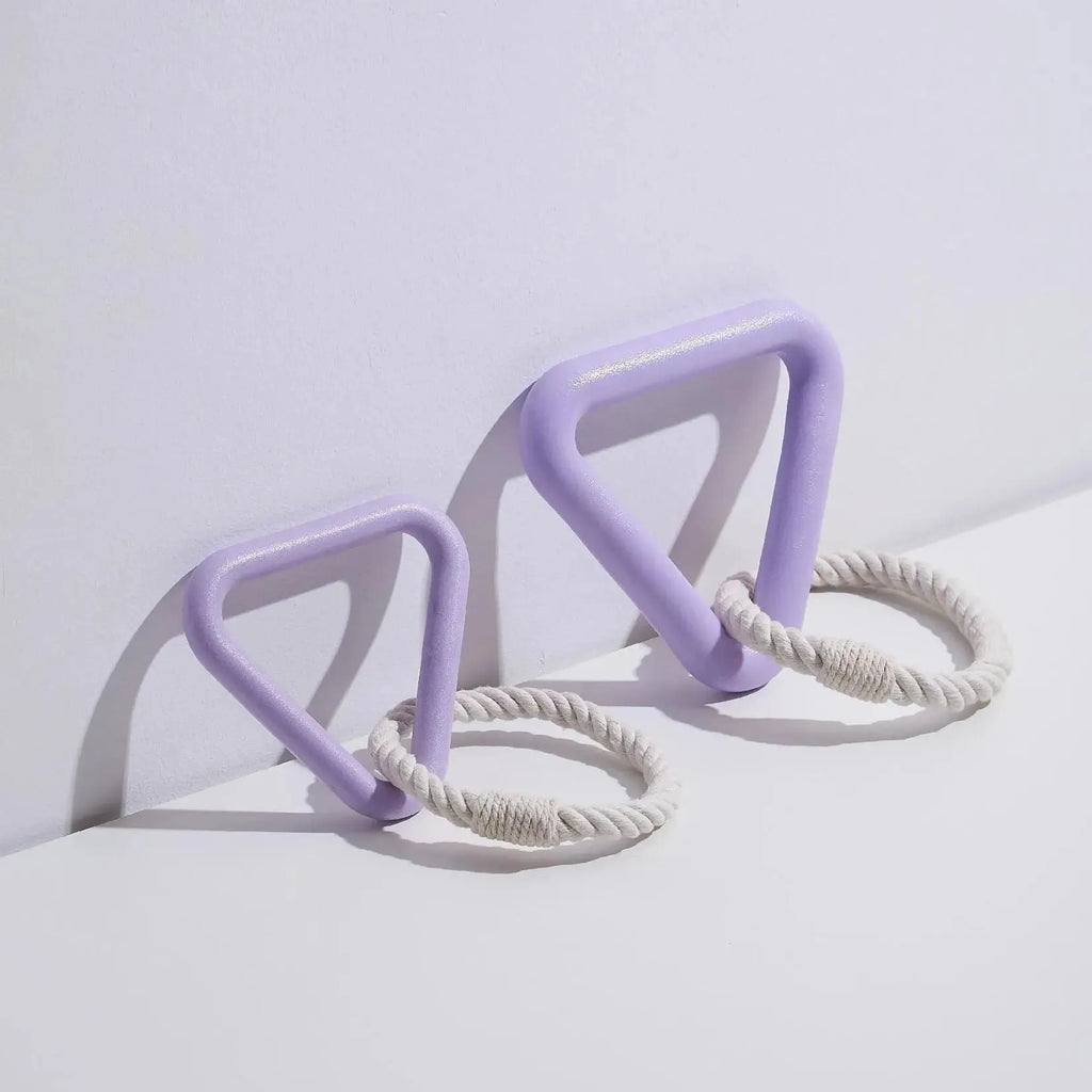 Large triangular cotton rope pull ring pet toy with a long leash in beige, pink, or purple colour options.