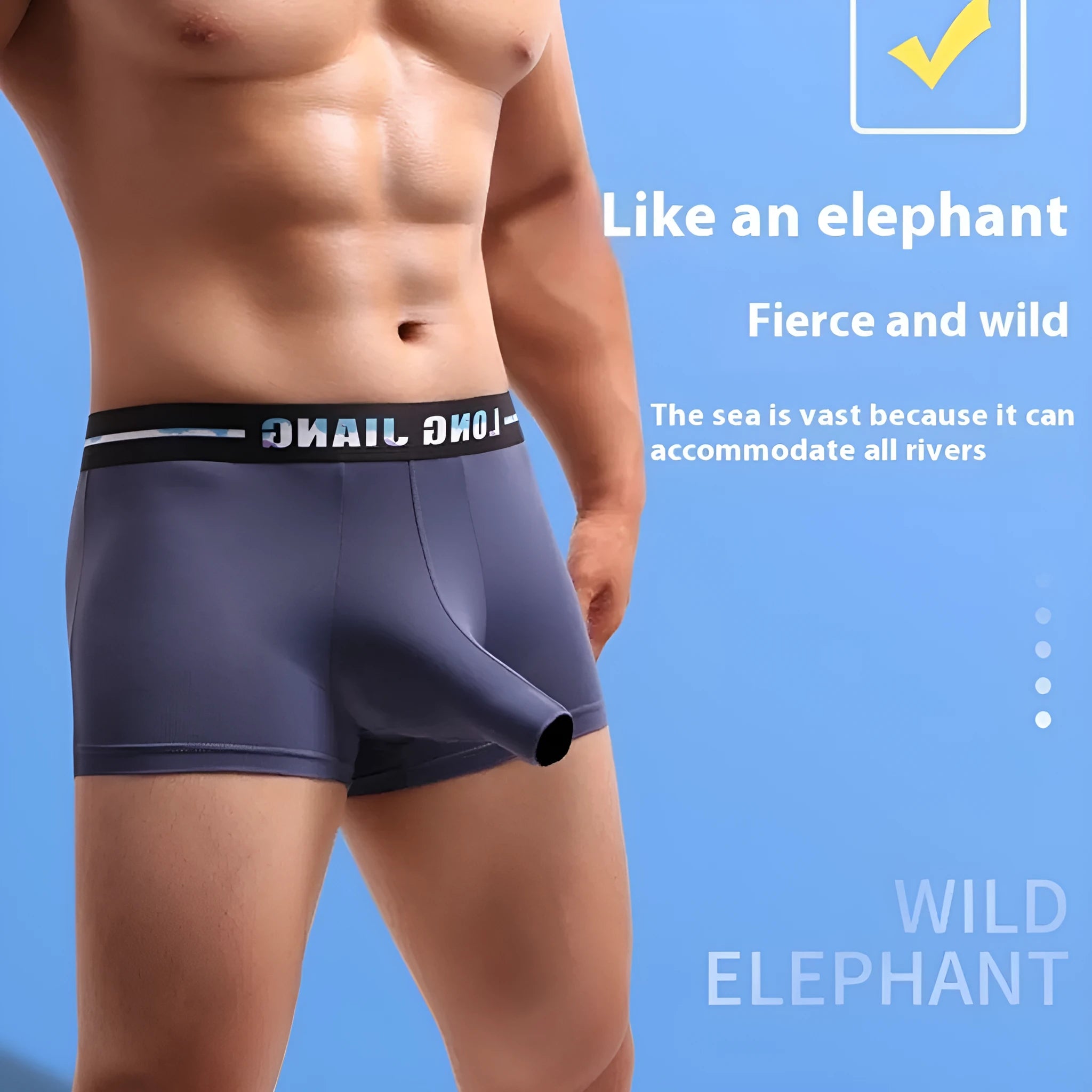 Men's solid colour trunk open boxers in ice silk knit fabric on a grey background.