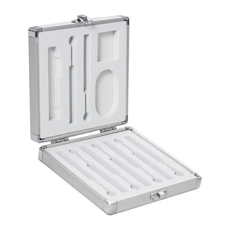Silver aluminium storage box for soldering iron with dimensions 154mm x 147mm x 36mm.