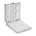 Silver aluminium storage box for soldering iron with dimensions 154mm x 147mm x 36mm.