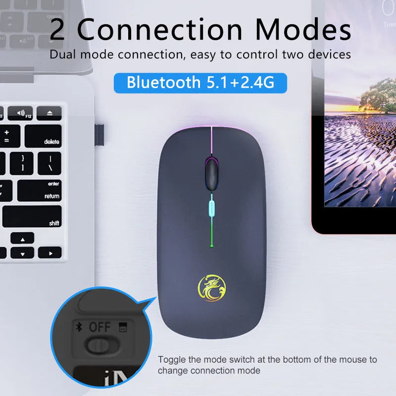 Black or white dual-mode wireless silent mouse with rechargeable battery and charging cable.