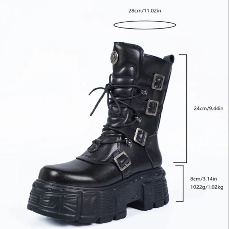 Black dark punk platform lace-up mid-calf boots with metal tank detail, high heel and rubber sole