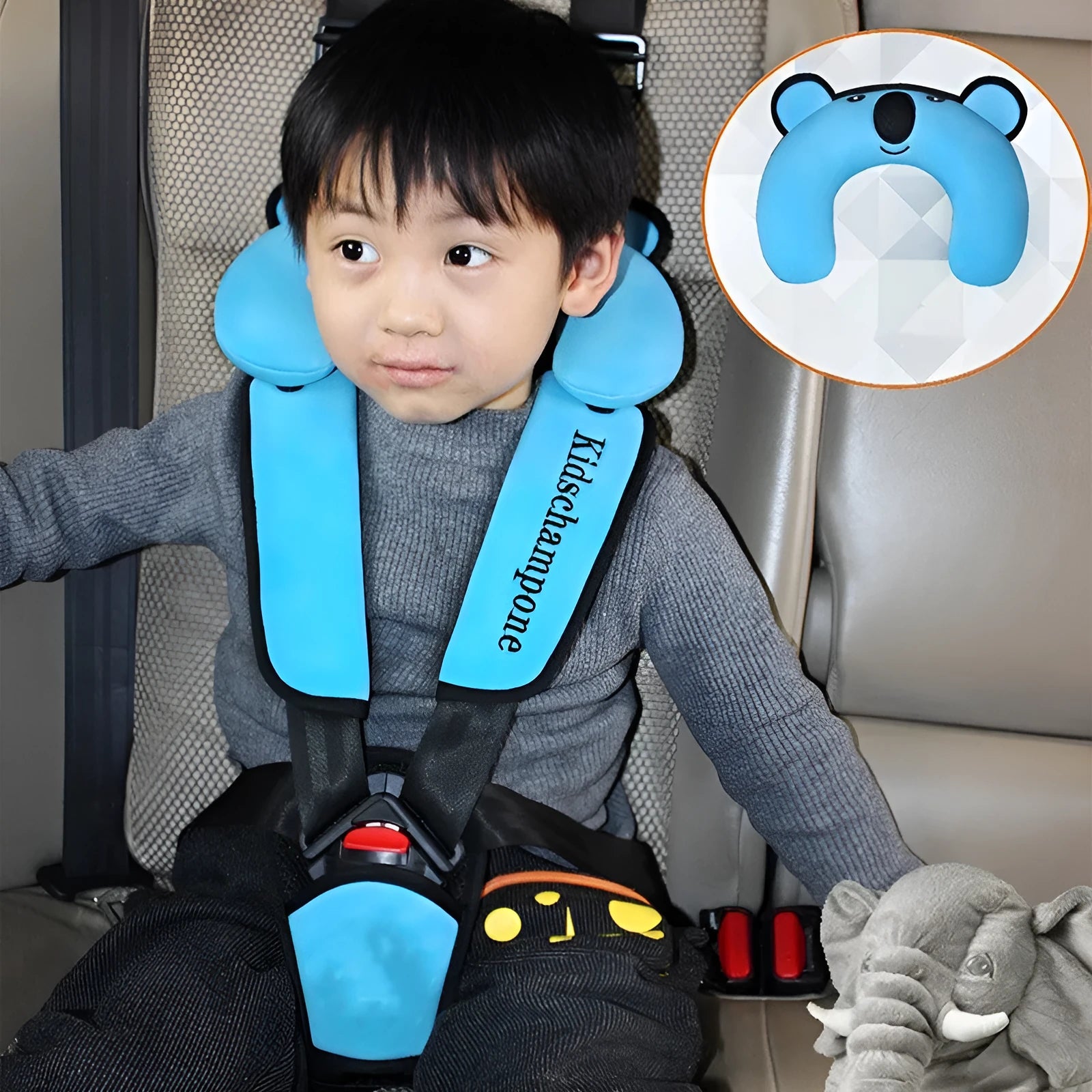 Portable child seat belt retainer in polyester for children 12-36kg, dimensions 33x22x9.5cm