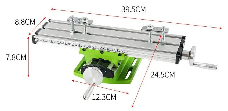 Bench-mounted drilling and milling machine with cross bench pliers and heavy-duty bench pliers.