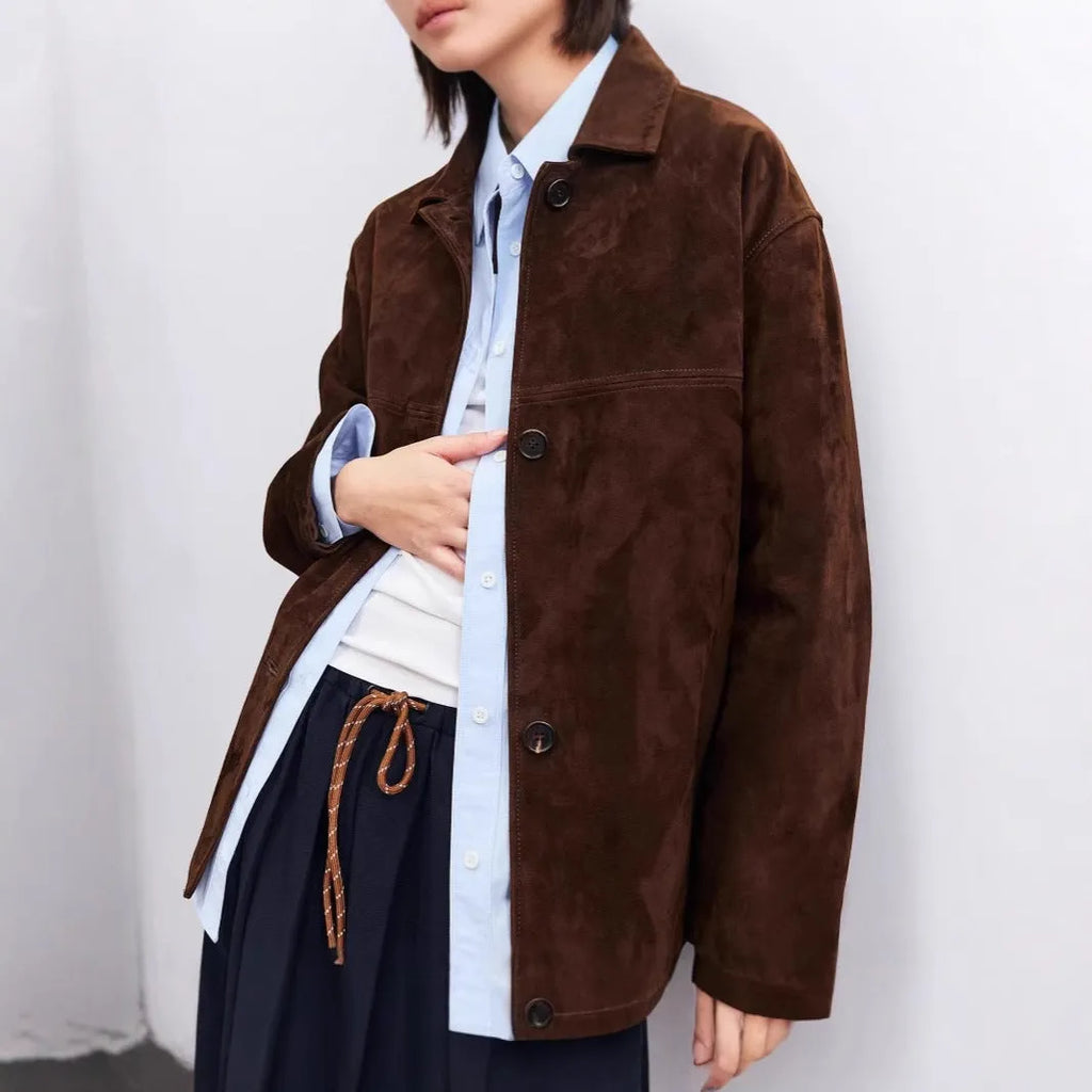 Retro loose-fit caramel mocha cashmere coat with leather trim and a Peter Pan collar