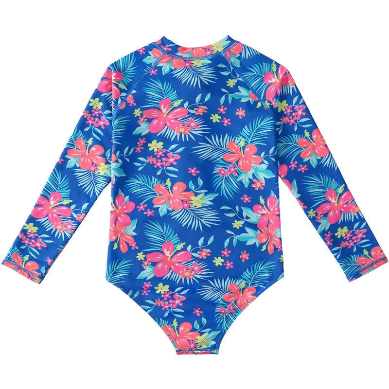 Girl's long-sleeve one-piece swimming suit in polyester briefs style