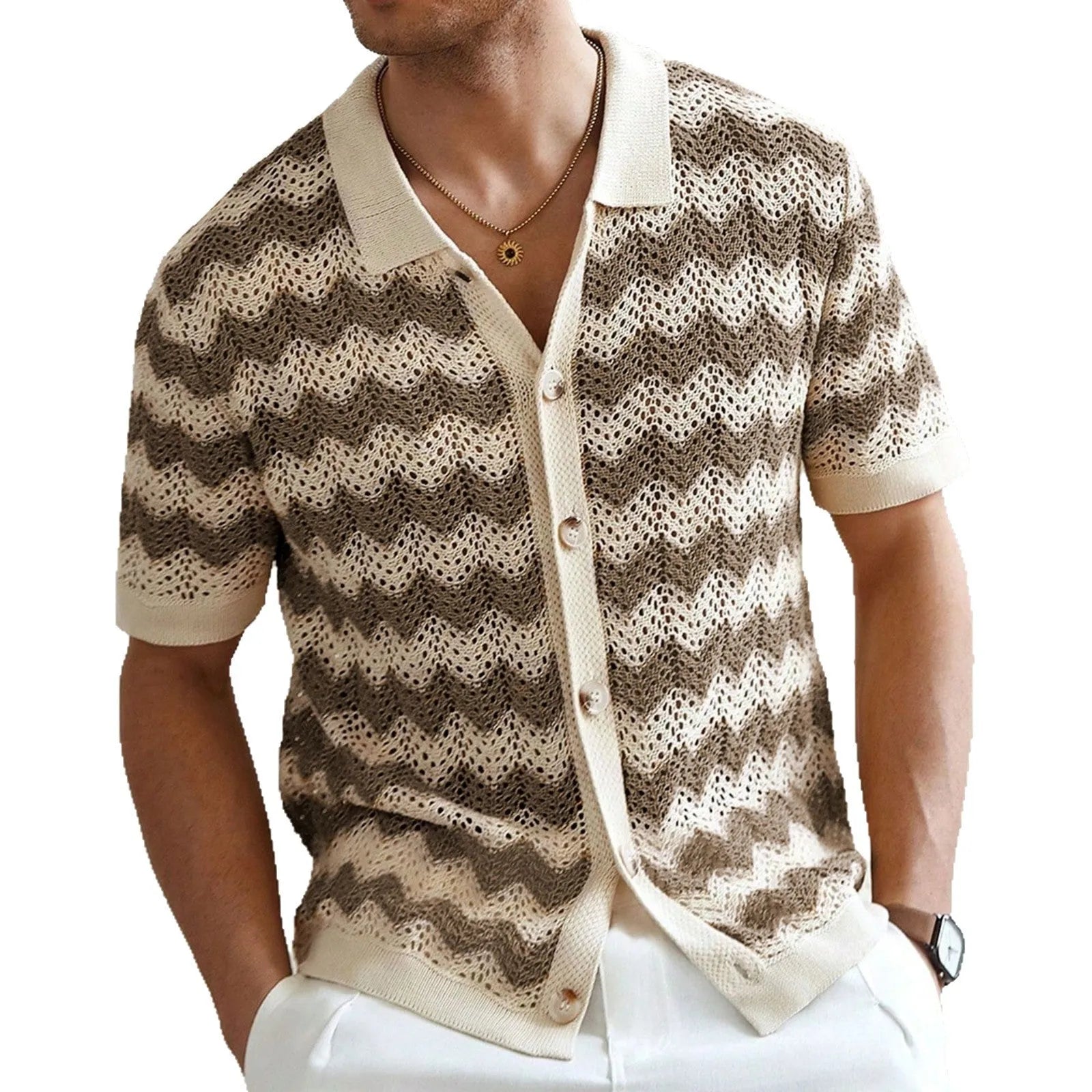 Short sleeve corrugated Tencel sweater with a blue hollow jacquard texture on a hanger.