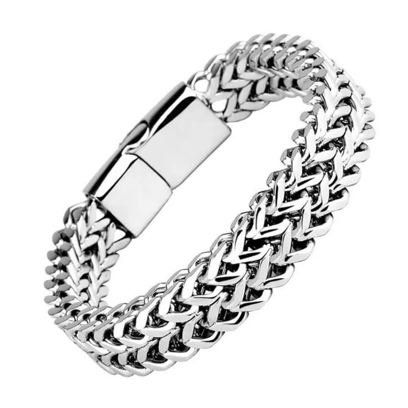 Men's stainless steel hip hop bracelet with geometric pattern on front and back, silver colour with 4x8mm or 5x10mm link options
