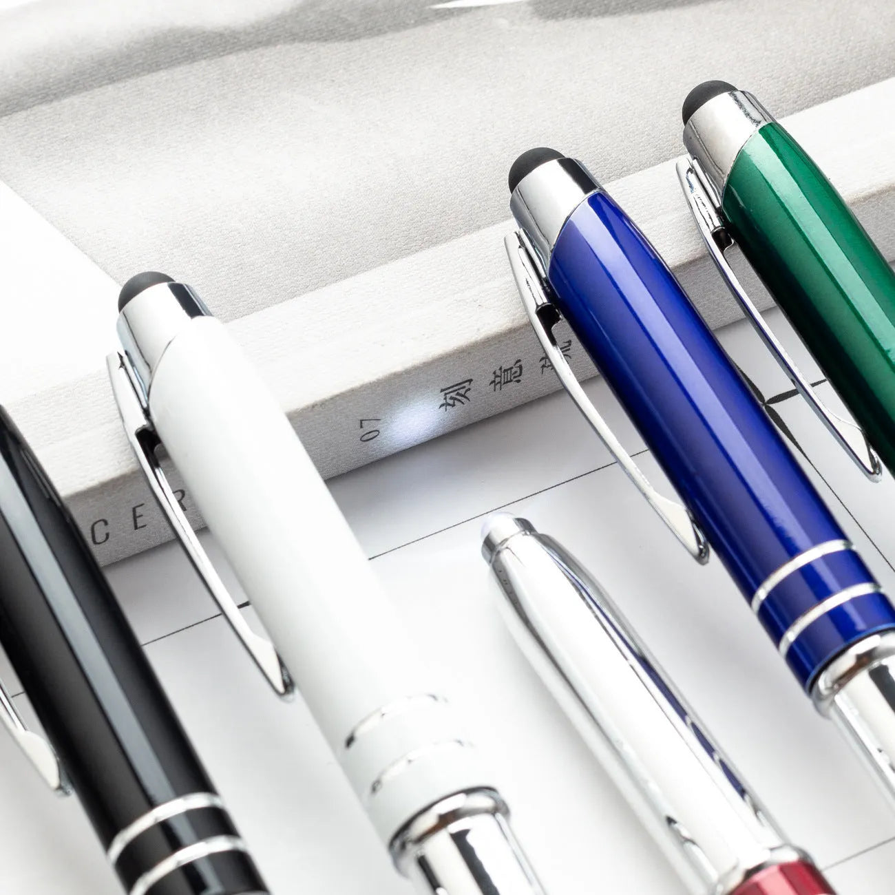 Multifunctional metal ballpoint pen with capacitive stylus tip and LED light in five colour options
