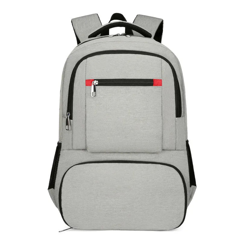 Light grey Oxford cloth insulated backpack with curved shoulder straps and top handle