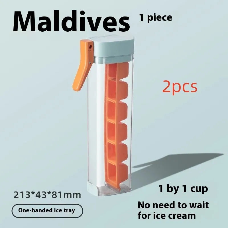 Food grade plastic ice cube tray with one-press release lever and storage box in Maldives blue or pearl white