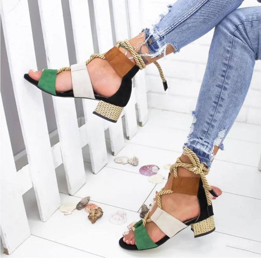 Women's sandals with thick middle heel, fish mouth toe, front strap and ankle strap in various colours