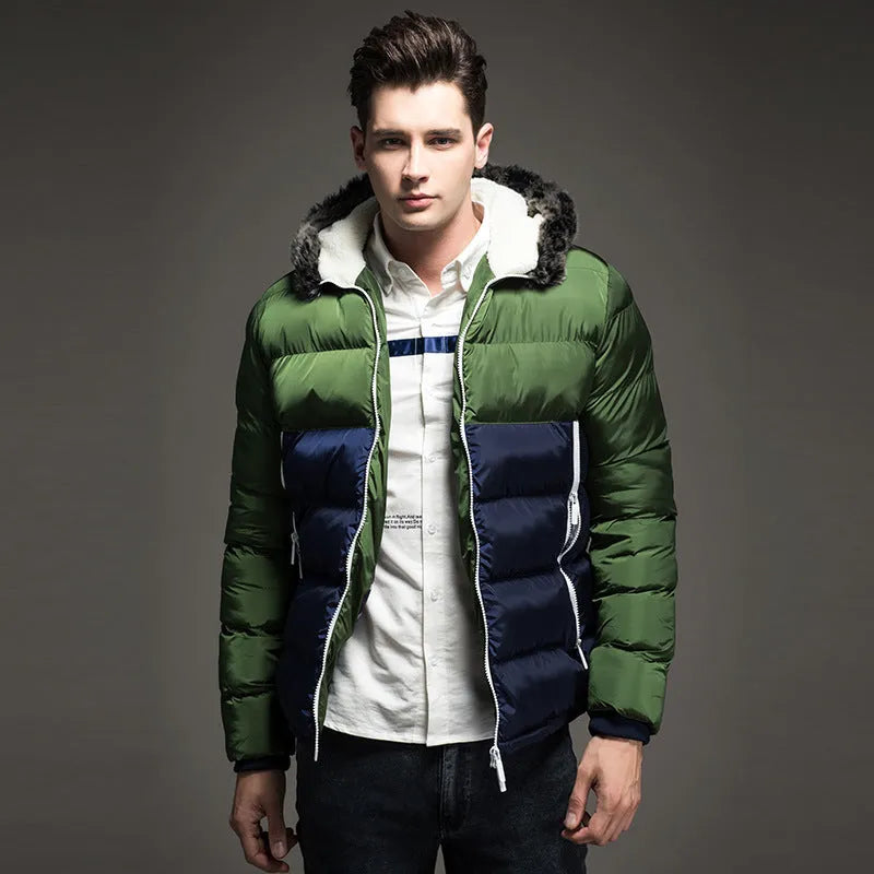 Winter padded coat with hood in white blue colour block design, front view