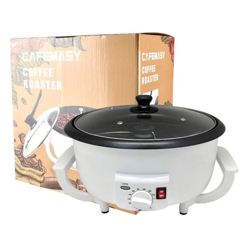 White oblate home coffee roasting machine with 750g capacity and 225mm base