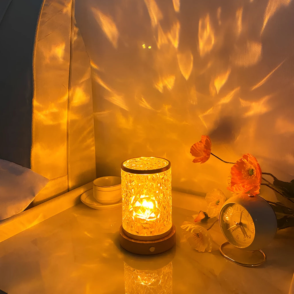 Rotating water ripple night light with acrylic element on solid wood base for bedroom use