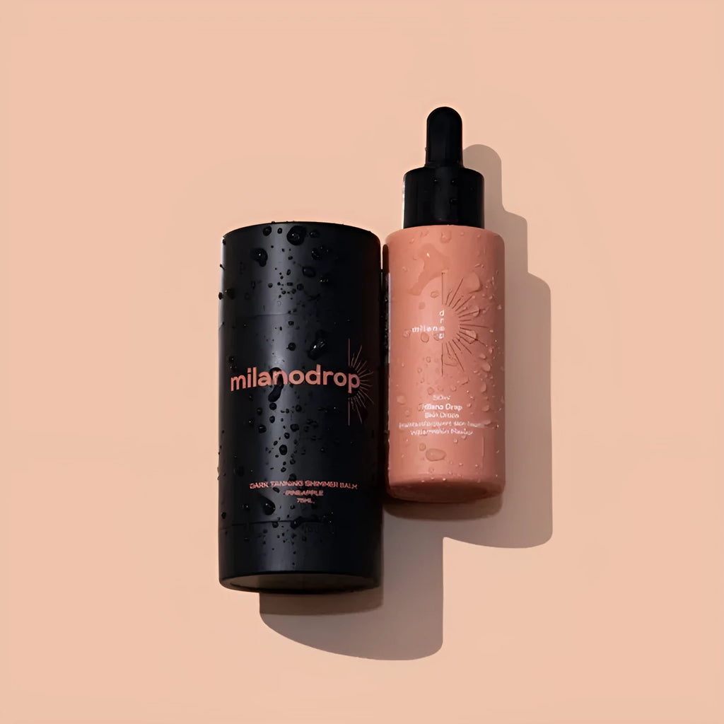 Matte sun tanning liquid bottles: 50ml tanning drops and 75ml tanning flash cream.