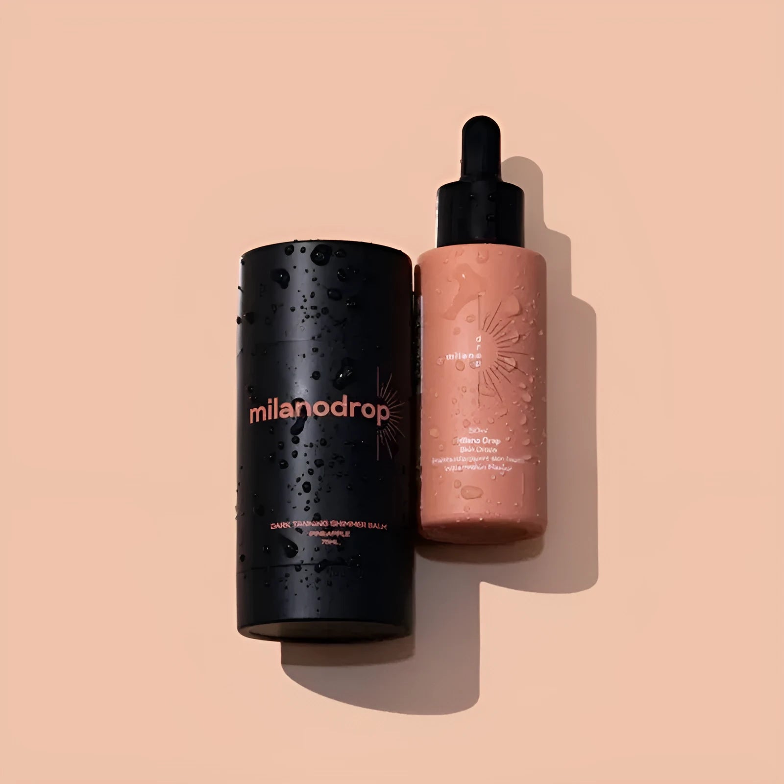Matte sun tanning liquid bottles: 50ml tanning drops and 75ml tanning flash cream.