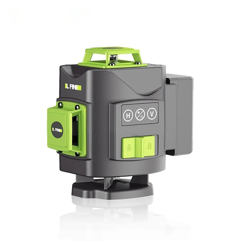 Green 16-line laser level tool with nylon and aluminium housing on a work surface.