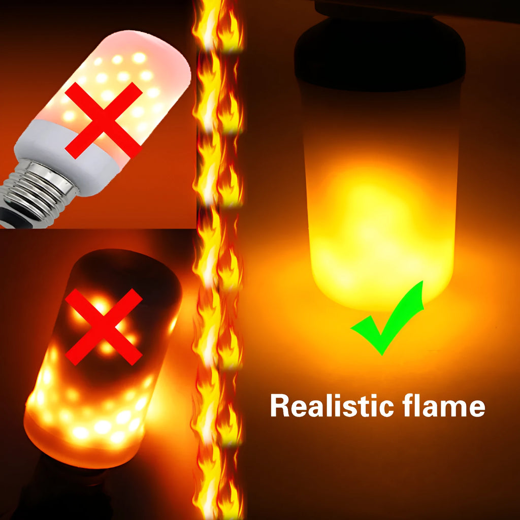 Close-up of a lit LED bulb emitting a realistic orange flickering flame light effect.