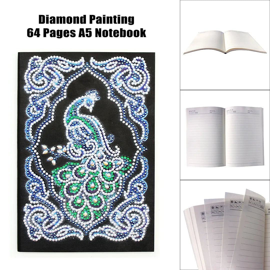 A5 diamond painting notebook kit with peacock design, shaped drills, and bright drills on black cover.