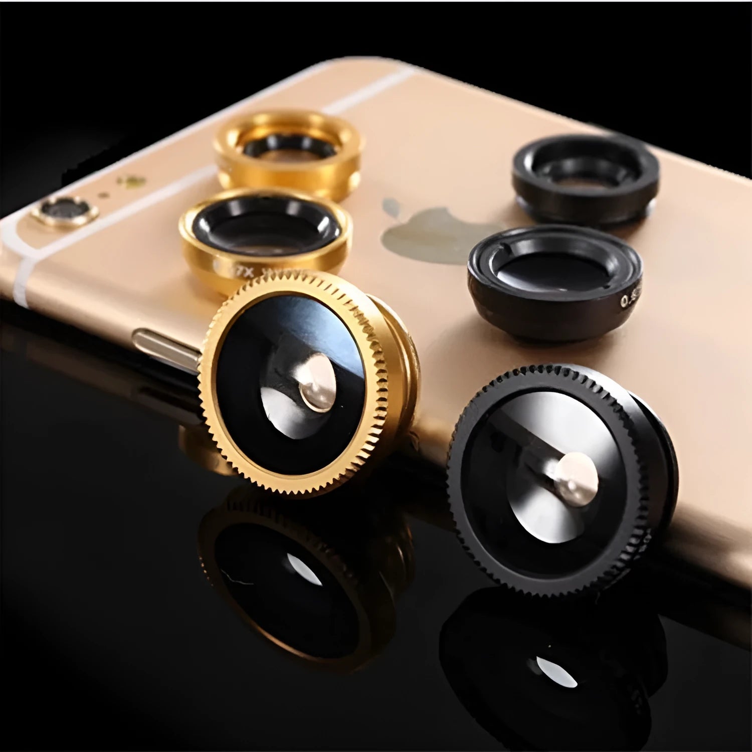 Three-in-one mobile phone fisheye lens clip accessory in multiple colour options