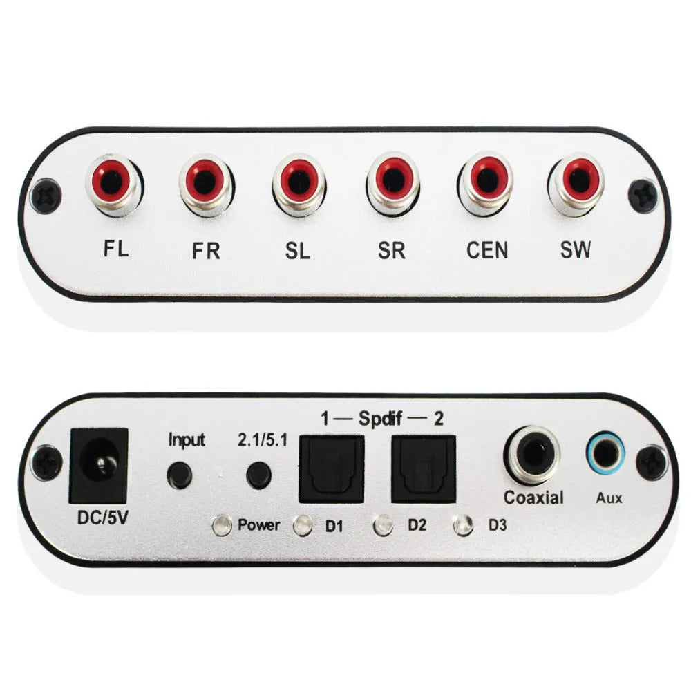 Black digital to analogue audio decoder with optical fibre, coaxial, and stereo inputs for 5.1 channel sound output