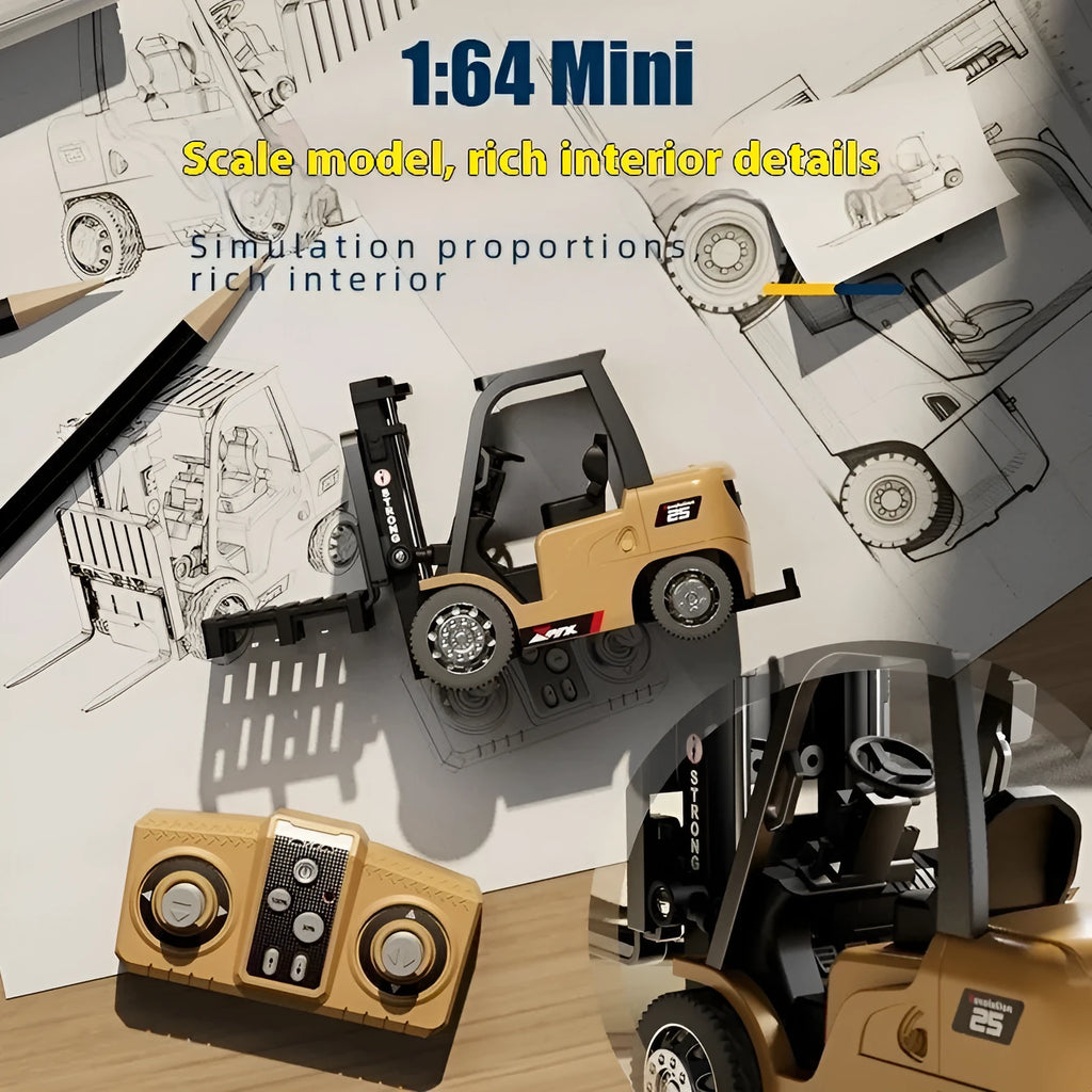 Blue die-cast alloy remote control forklift toy with cargo accessories on wooden pallet